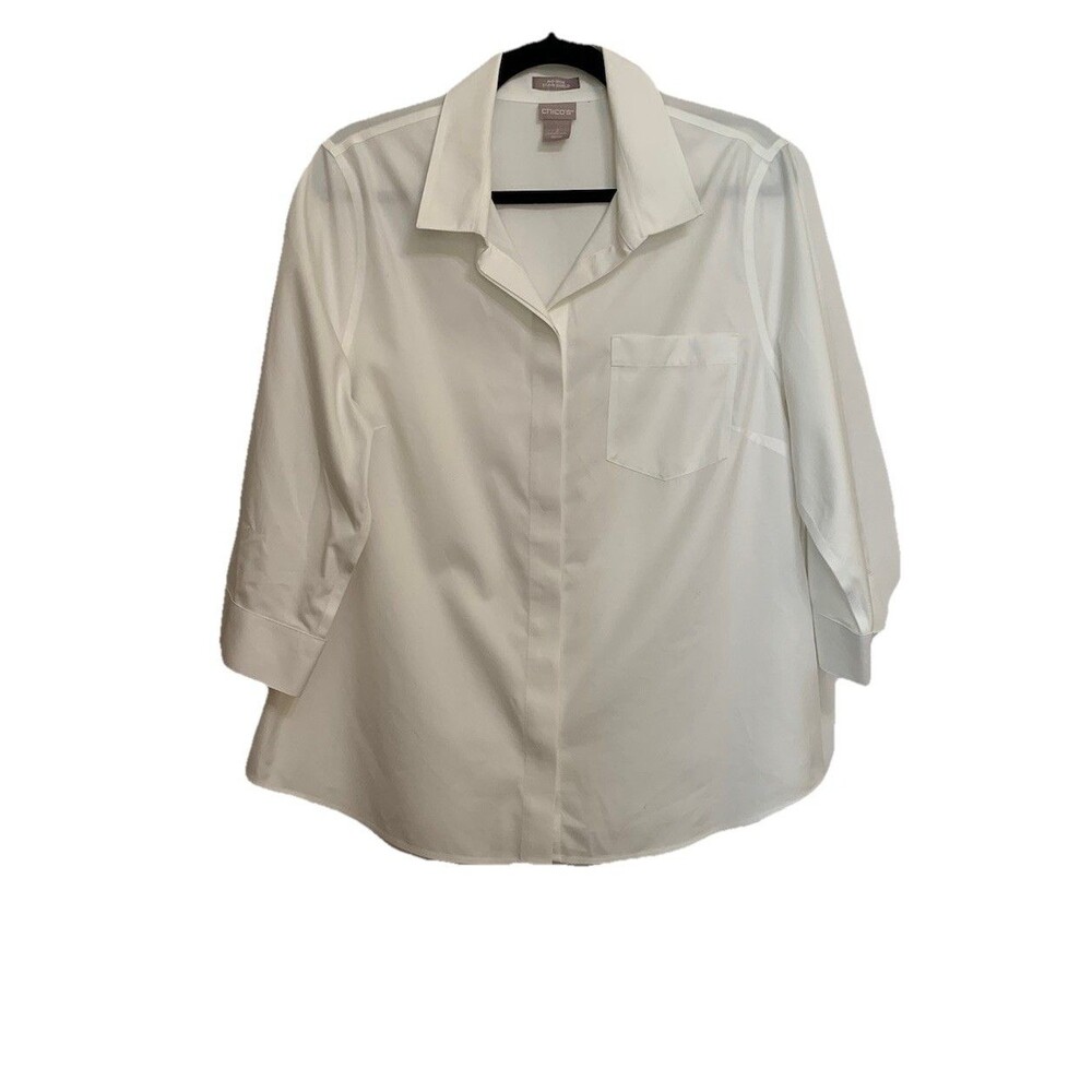 Chicos Size 2 Womens Large Top No Iron Stain Shield Cotton 3/4 Sleeves Button Up